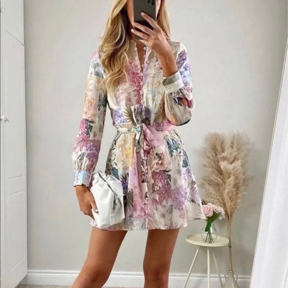 Zara Floral Mini Dress in Pastel Pink, Lavender, Cream
